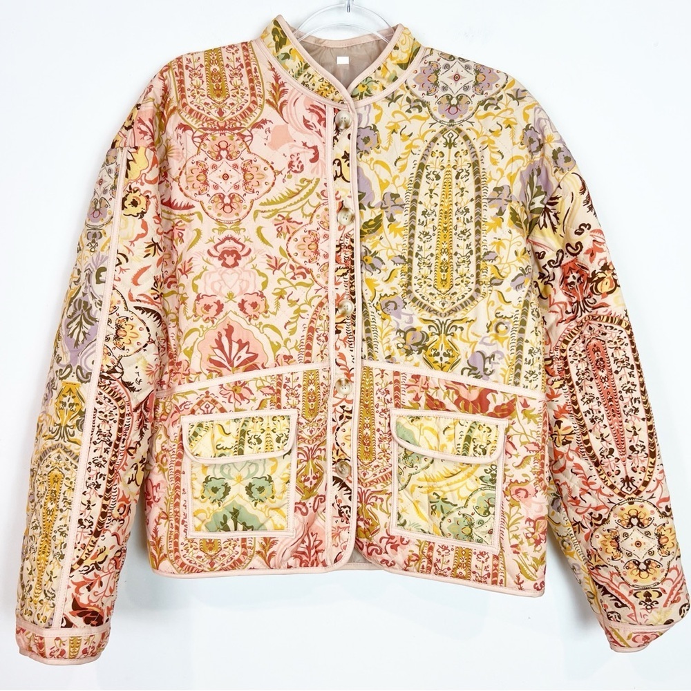 BOUTIQUE YELLOW MULTICOLOR PRINT BUTTON FRONT STAND COLLAR QUILTED JACKET LARGE